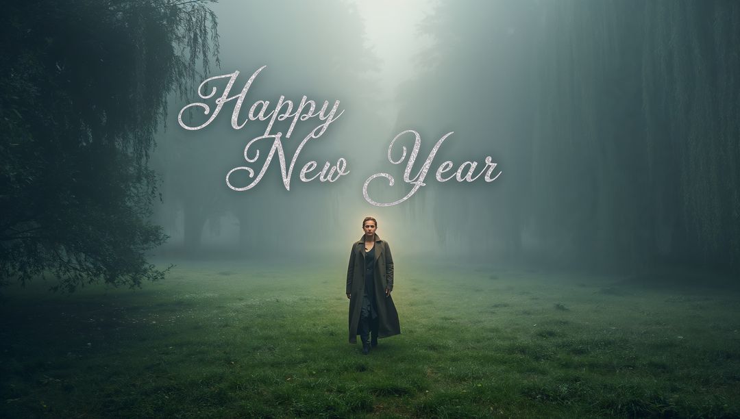 Lone Man Walking in Misty Forest Clearing with Happy New Year Script Overlay, Moody Scene