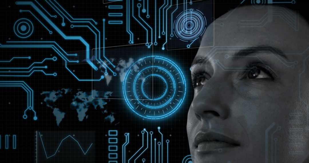 Woman Contemplating AI Interface with Futuristic HUD