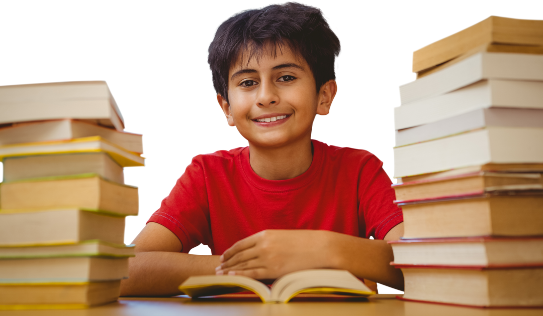 Smiling Boy Reading Book with Stacks of Books Transparent Background - Download Free Stock Images Pikwizard.com