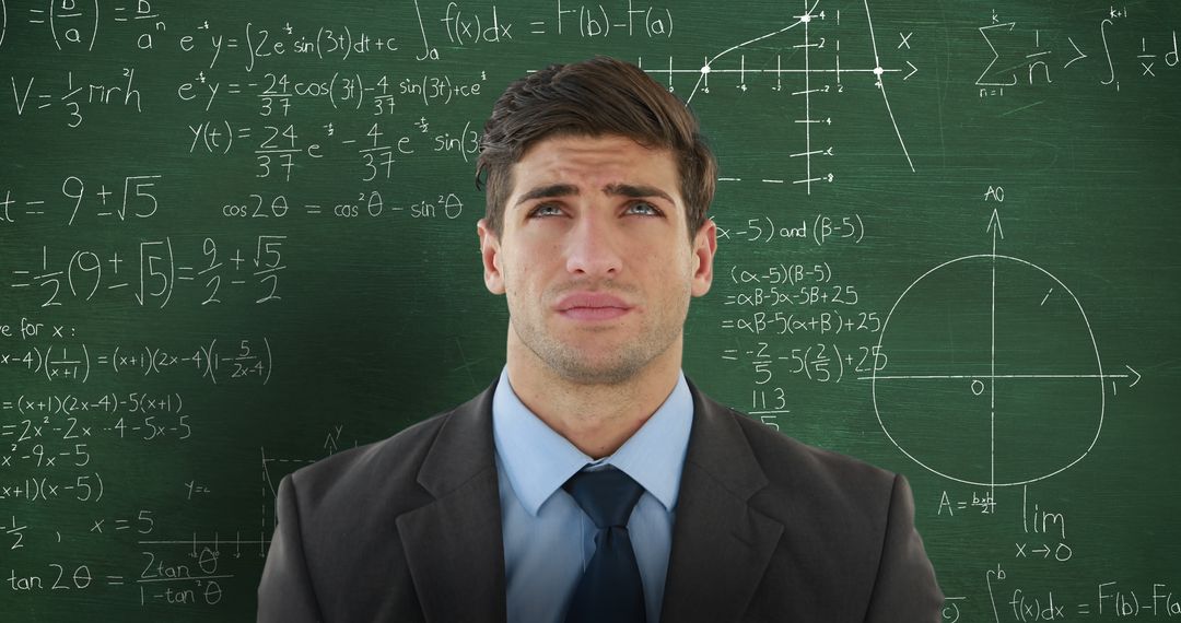 A perplexed man gazes upward amidst a backdrop of dynamic math equations on a chalkboard. - Free Images, Stock Photos and Pictures on Pikwizard.com