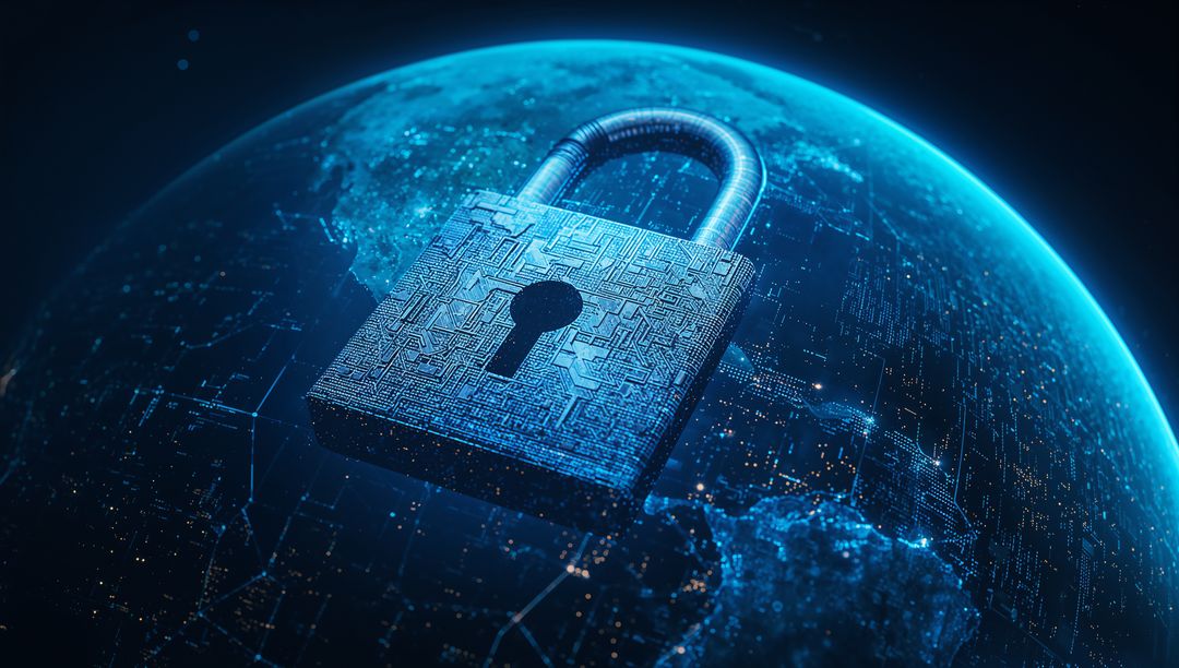 Digital Security Padlock Hovering Over Earth with Network Connections