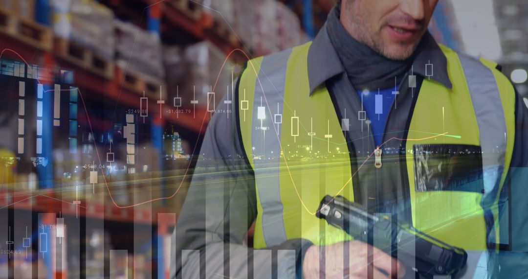 Worker in Warehouse Scanning with Inventory Graph Overlay - Free Images, Stock Photos and Pictures on Pikwizard.com