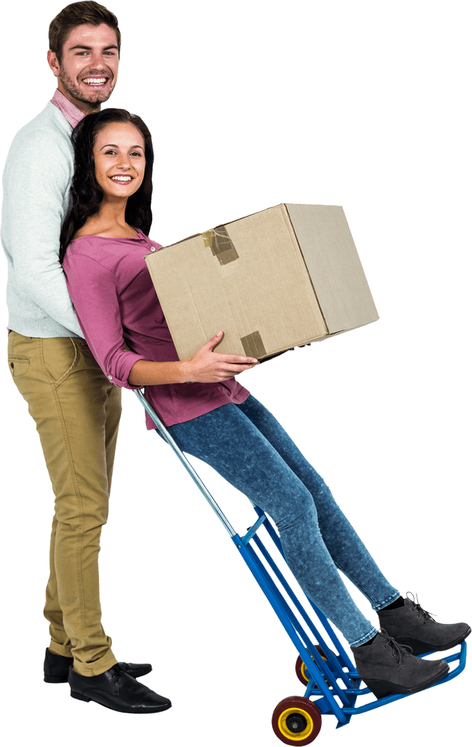 Happy Couple Transporting Box on Transparent Hand Truck