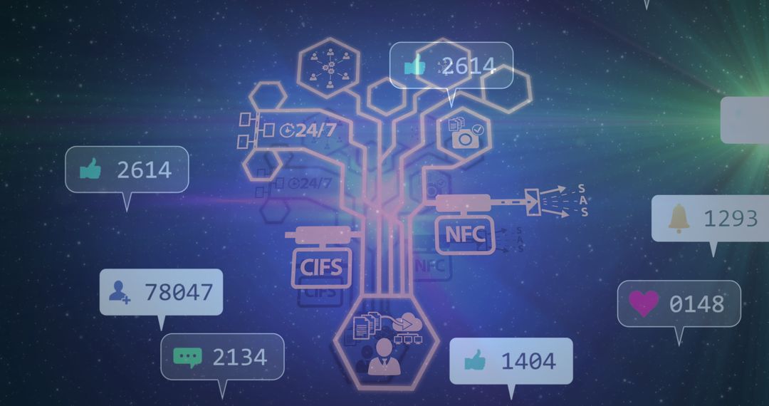 Futuristic Digital Interface with Media Icons and Technology Symbols