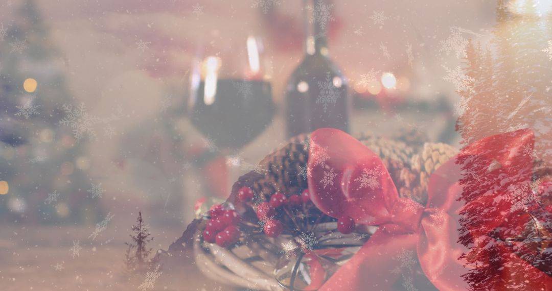 Festive Table with Christmas Decorations and Wine