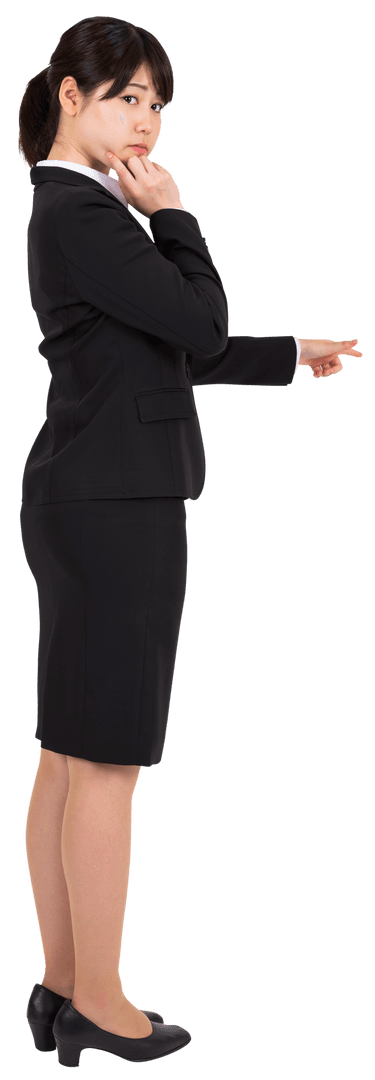 Transparent Asian Businesswoman Thoughtfully Pointing in Profile View