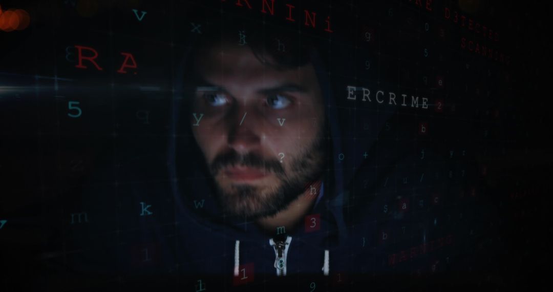 Focused Man in Hoodie Engaged in Cyberspace Activity against Digital Code