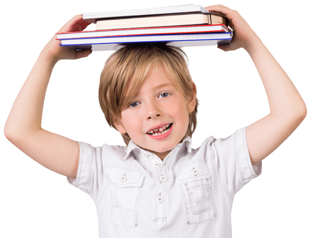 Happy Boy Balancing Books on Head on Transparent Background