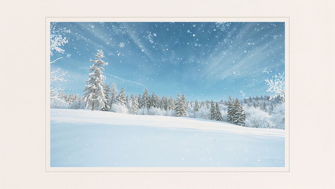 Framed Winter Meadow Print with Snow-Covered Pines, Sun Rays, Snowfall on Textured Wall