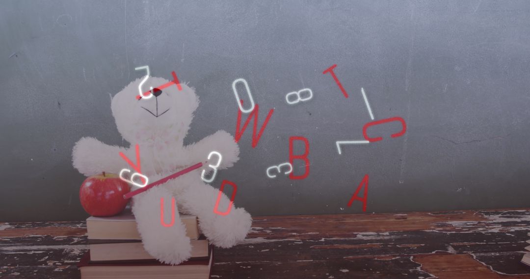 Cute Teddy Bear on Books with Floating Letters and Apple