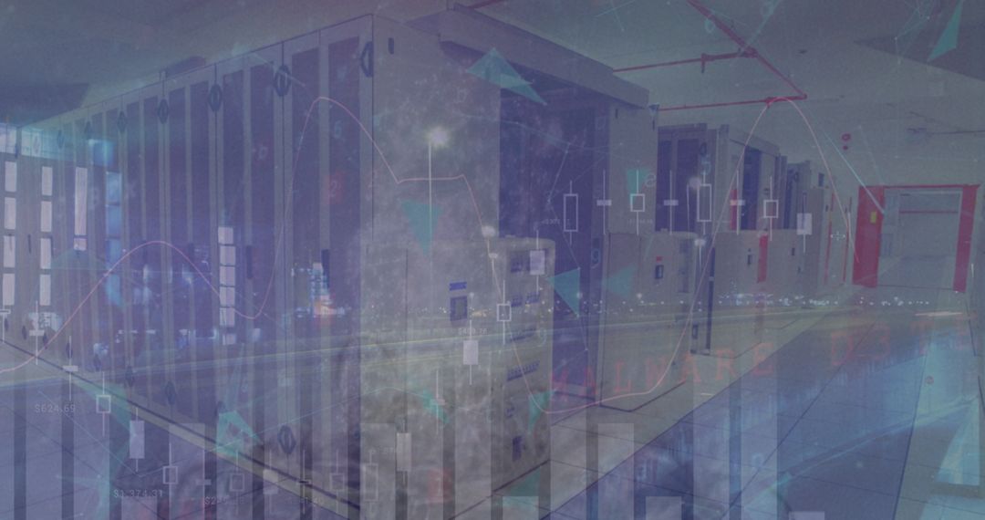 Futuristic Data Concept: Analytics Overlaid on Dark Cityscape and Server Room