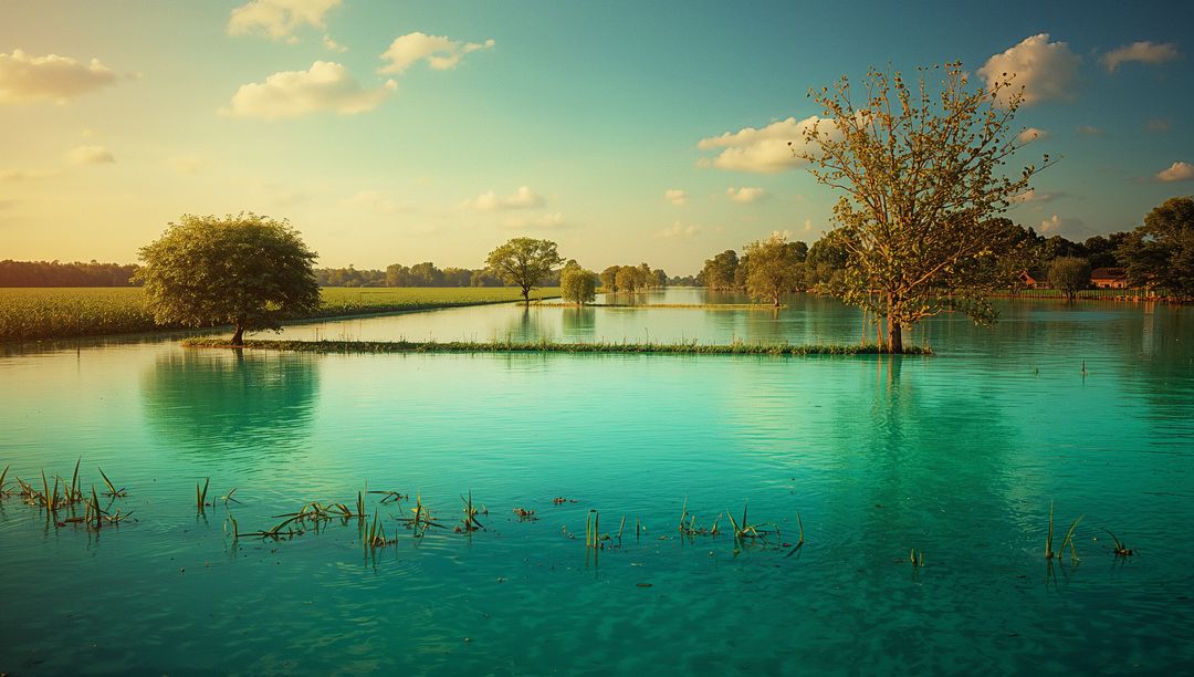 Flooded Farmland with Reflecting Trees under Blue Sky