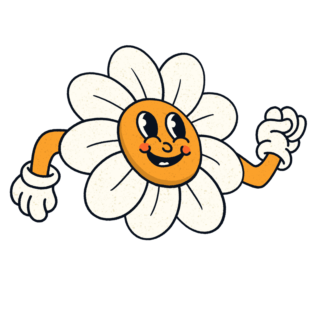 Whimsical Cartoon Daisy Flower with Glove Arms on Transparent Background