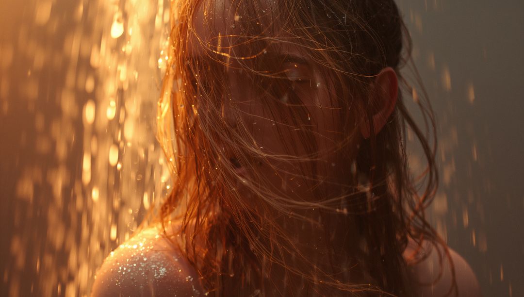 Dramatic Portrait of Woman in Warm Backlight with Cascading Water
