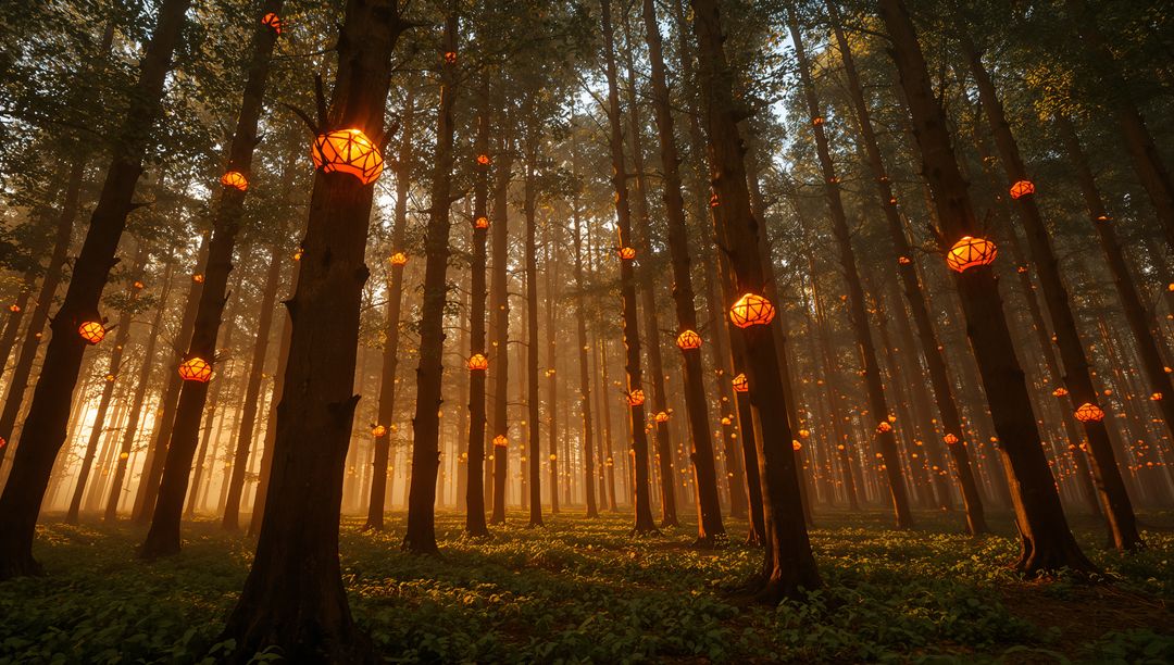 Glowing Geometric Lanterns Hanging in Misty Pine Forest with Golden Sunbeams