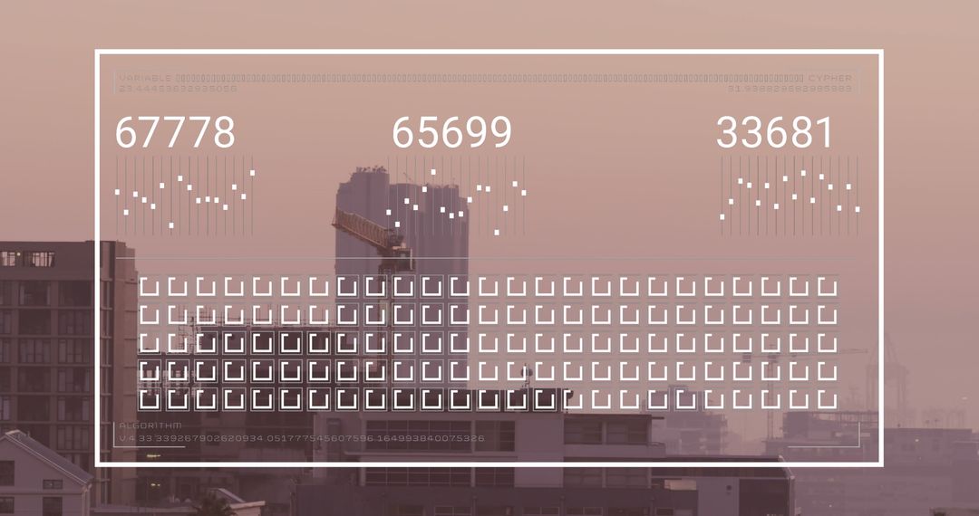 Futuristic Data Interface Overlay on Urban Cityscape at Dusk