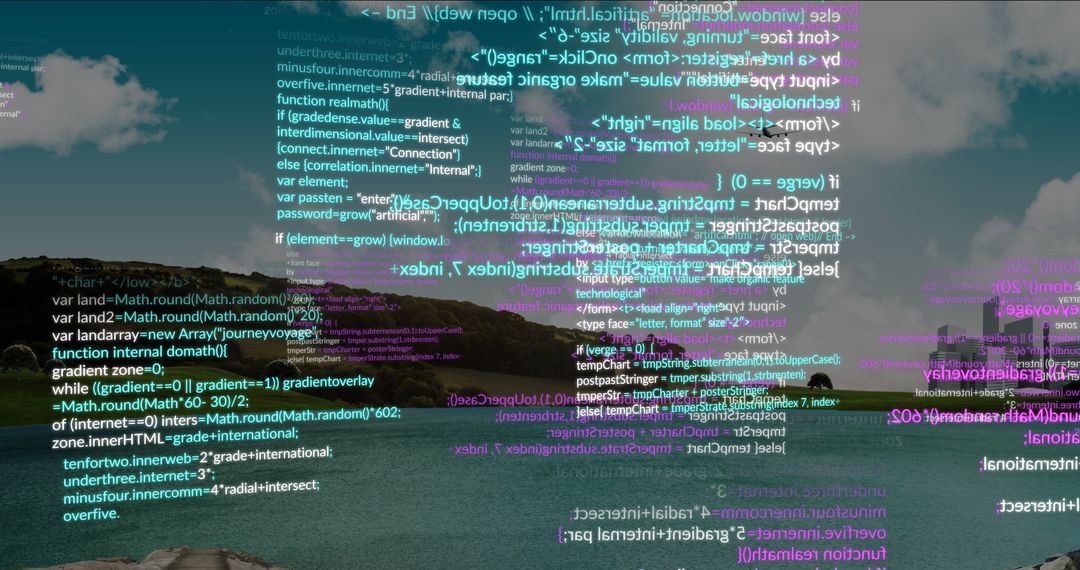 Surreal Blend of Digital Code and Lake Landscape