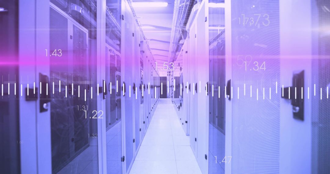 High-Tech Server Room with Digital Data Wave Overlay