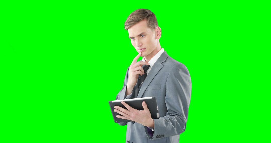 Businessman Holding Tablet Contemplating Bright Green Background - Free Images, Stock Photos and Pictures on Pikwizard.com