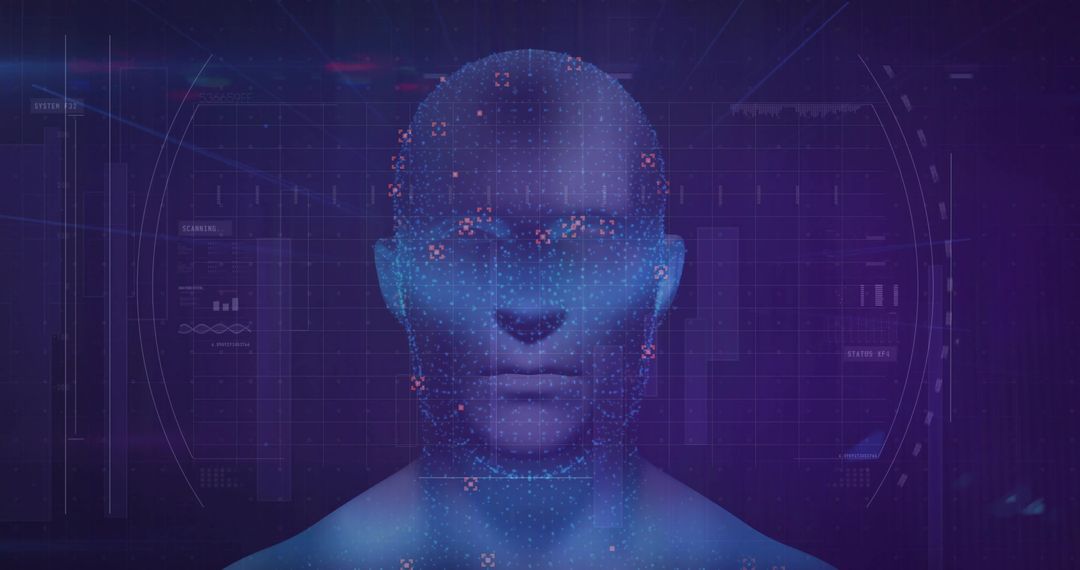 Futuristic Digital Avatar with Biometric Data and Holographic Grid