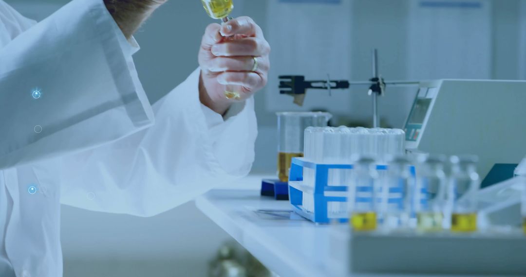 Scientist Conducting Laboratory Research with Digital Network Overlay