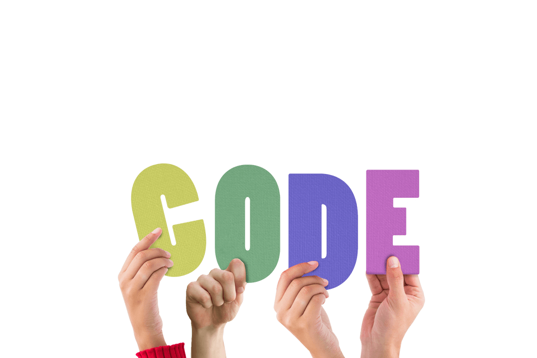 Transparent Hands Holding Colorful CODE Letters