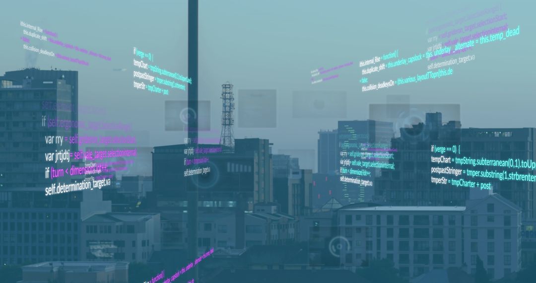 Futuristic Digital Data Grid Over Cityscape Skyline