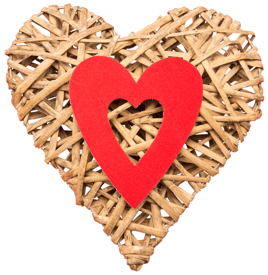 Woven Wooden Heart with Red Overlay on Transparent Background