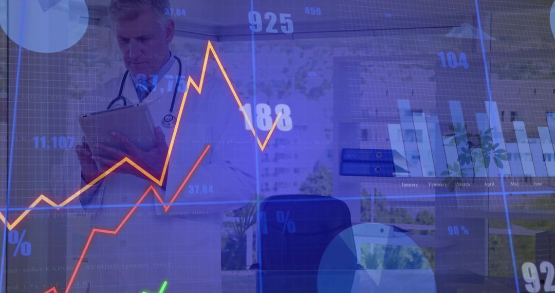 Physician Using Tablet Analyzing Healthcare Analytics Dashboards with Overlaid Charts