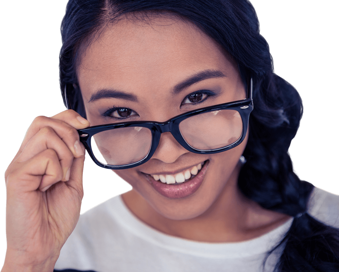 Smiling Woman with Transparent Glasses on Her Face