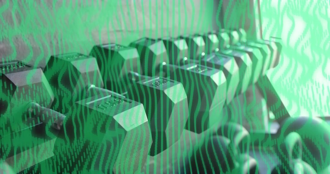 Gleaming Hex Dumbbells Lining Slanted Rack with Kettlebell and Green Digital Overlay