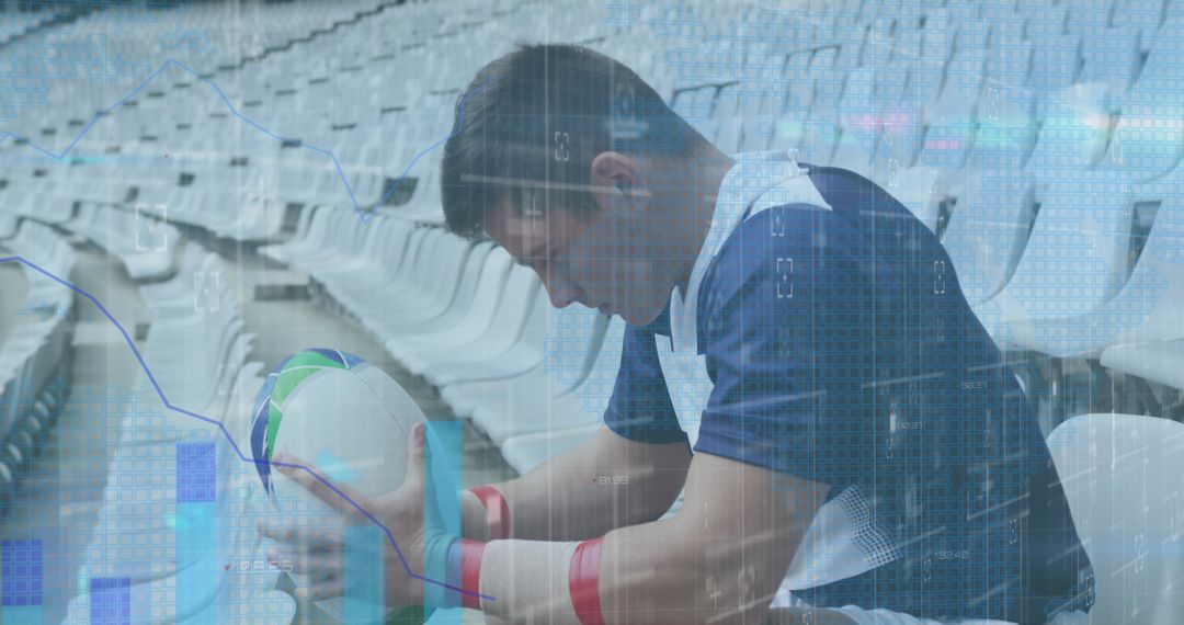Rugby Player Analyzing Sports Data in Stadium
