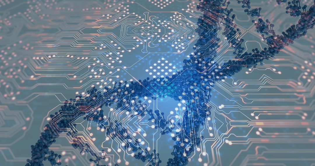 DNA Strand Overlaying Computer Circuit Board Illustrating Tech Genetics