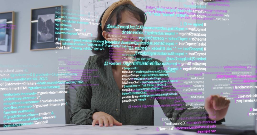 Woman Designing with Stylus and Digital Code Overlay in Home Office