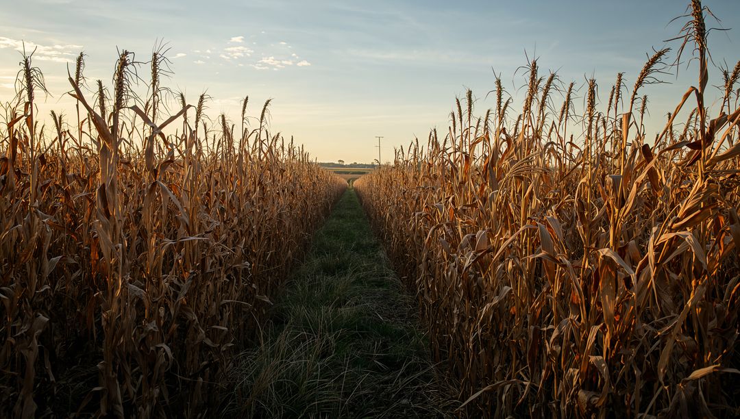 Sunlit Corn Rows Leading to Horizon via Narrow Grassy Path During Golden Hour
