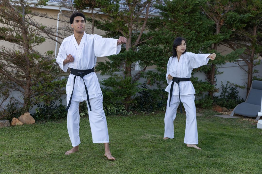 Karate Partners Practicing Punch Techniques in Backyard Setting