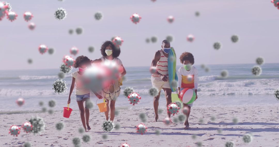 Family Beach Outing with Virus Warning Symbolism