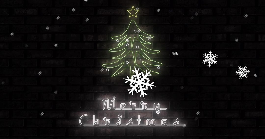 Merry Christmas Text with Neon Tree and Falling Snowflakes