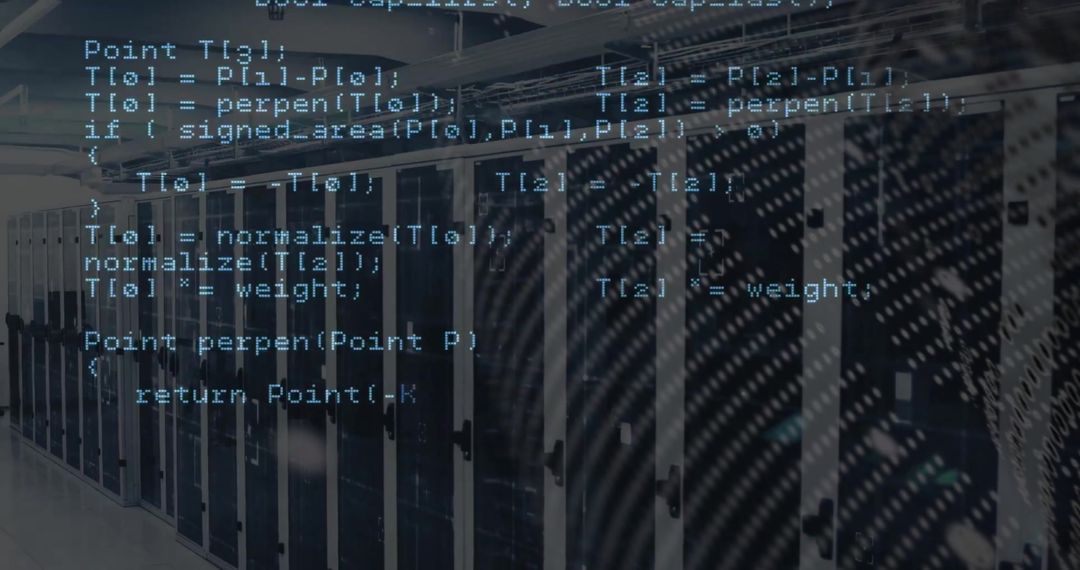 Digital Code Superimposed on Data Center Servers Highlighting Technology Concept