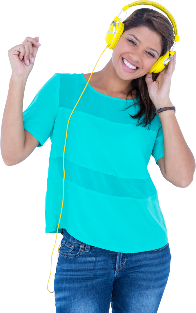 Smiling Woman Enjoying Music with Yellow Headphones on Transparent Background - Download Free Stock Images Pikwizard.com