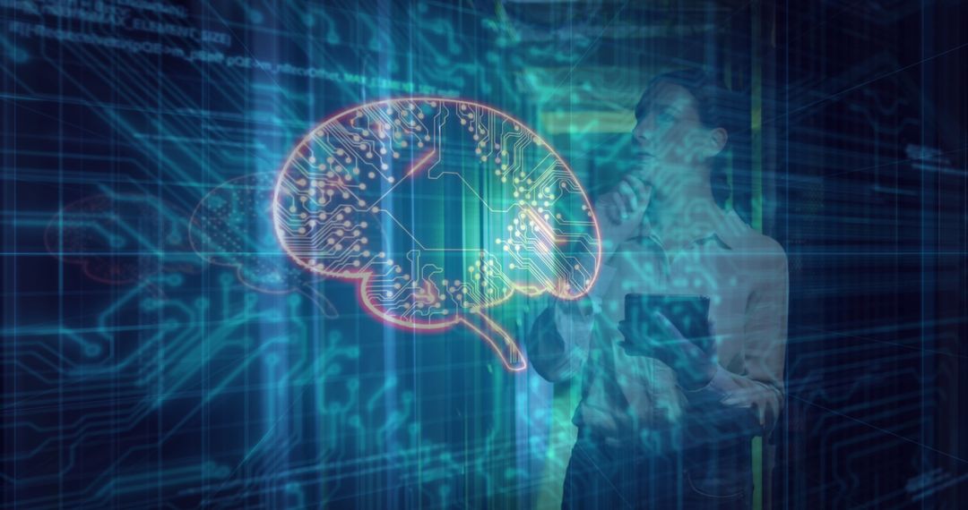 Caucasian Woman in Server Room with Digital Brain Concept