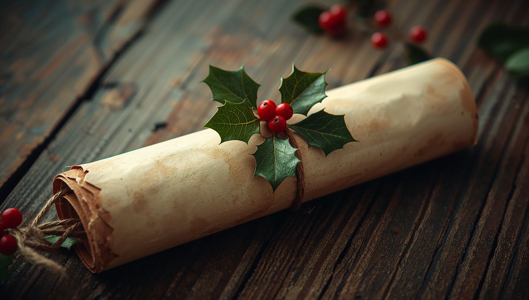 Rustic Rolled Scroll Adorned with Holly on Wooden Table