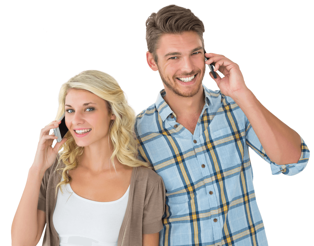 Happy Couple Chatting on Smartphones with Transparent Background