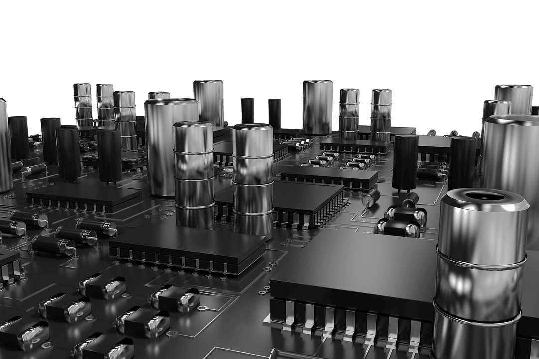 Transparent Circuit Board Close-Up with Metallic Components Tech Background