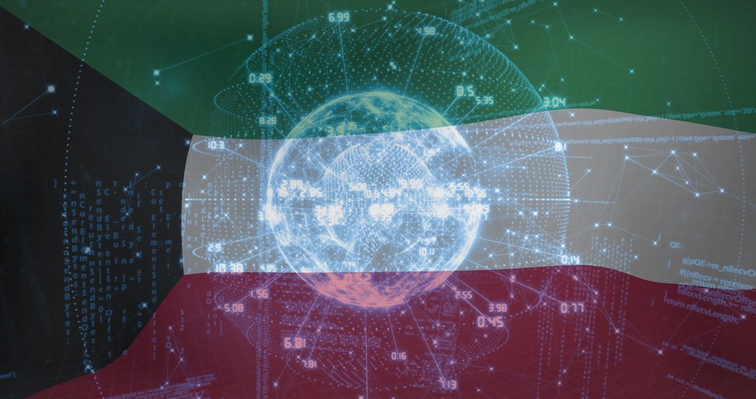 Kuwaiti Flag in Cyber Network with Digital Holographic Globe