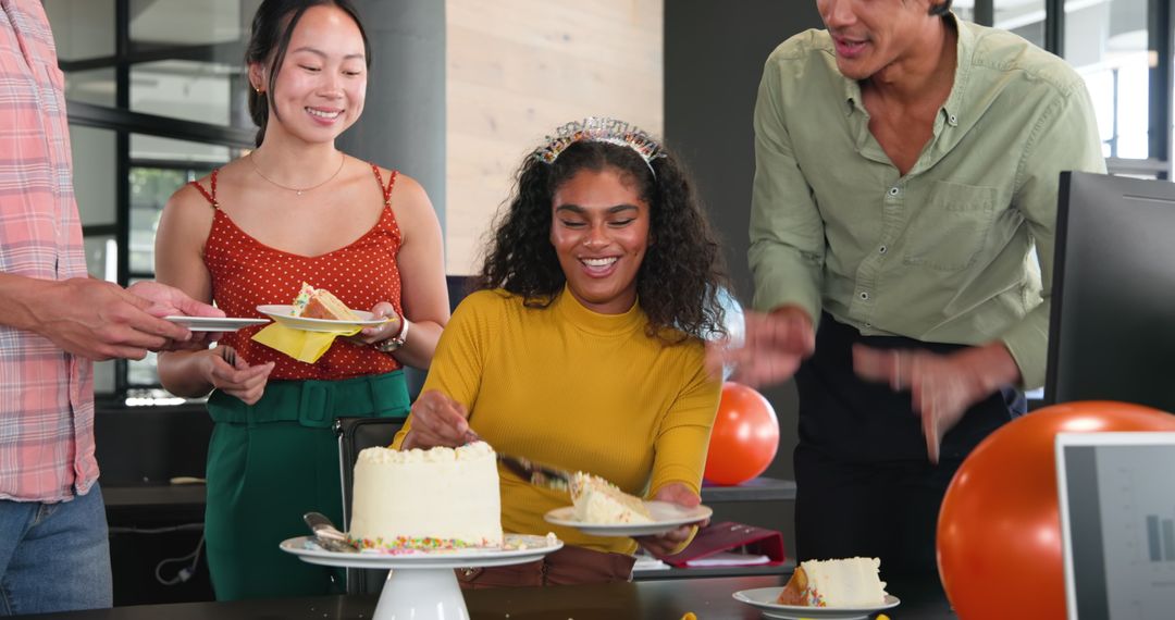 Office Team Celebrating Birthday with Cake and Joy