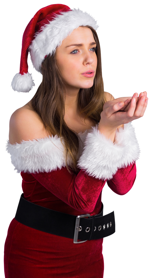 Woman in Christmas Outfit Blowing Kiss on Transparent Background - Download Free Stock Images Pikwizard.com