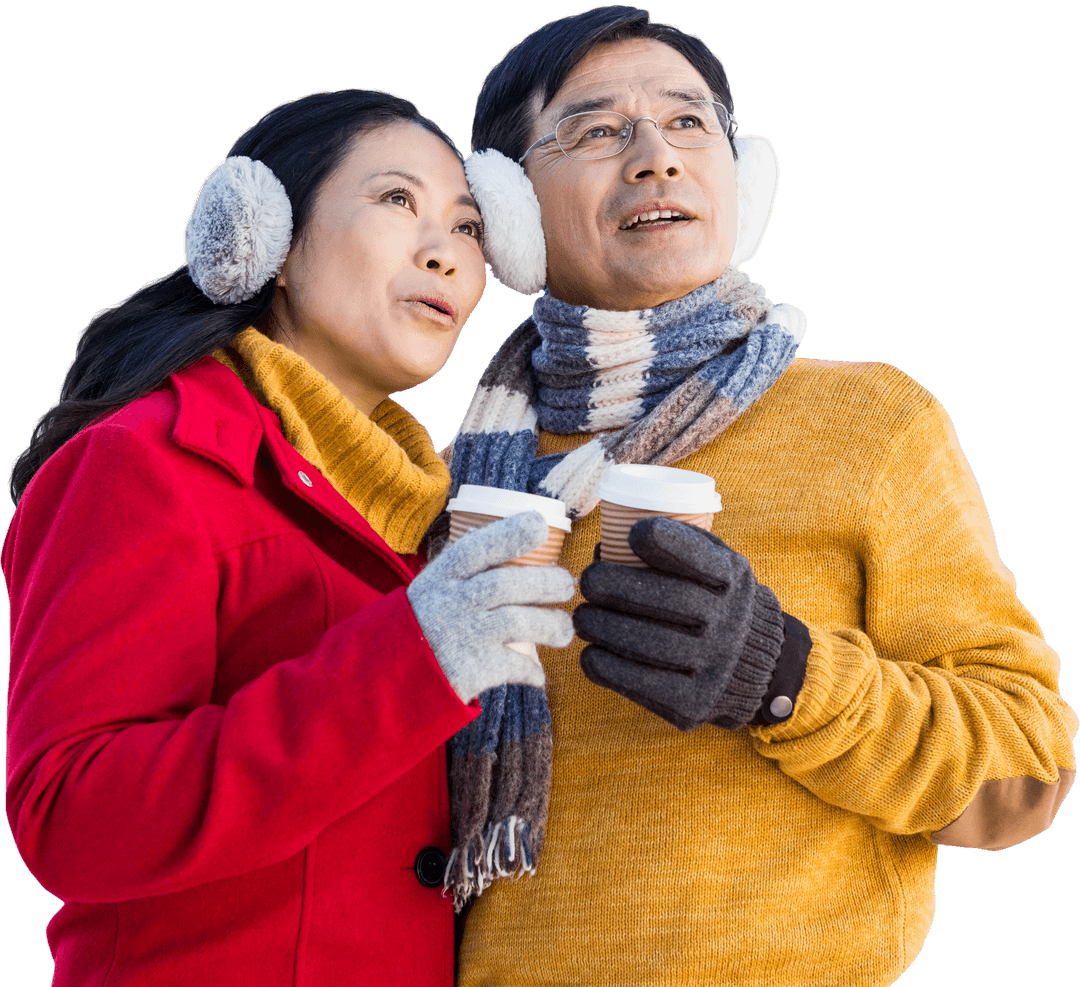 Older Asian Couple Enjoying Coffee on Cold Day with Transparent Background