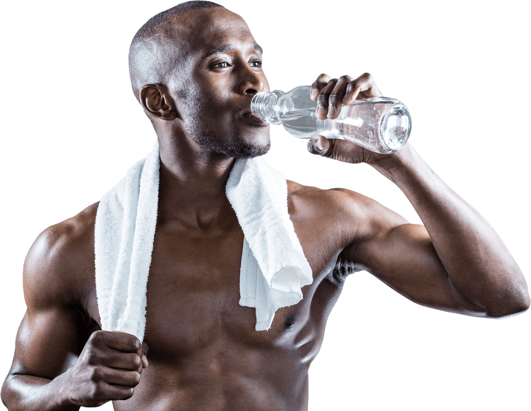 Athlete Drinking Water with Towel on Neck Transparent Background