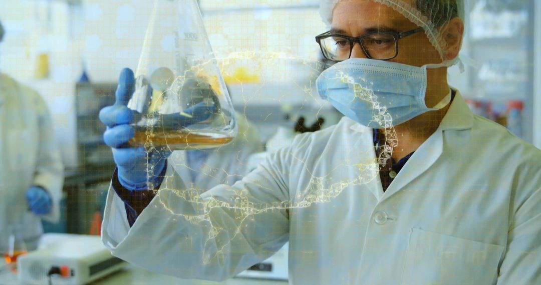 Scientist Analyzing DNA Structure with Yellow Solution in Laboratory